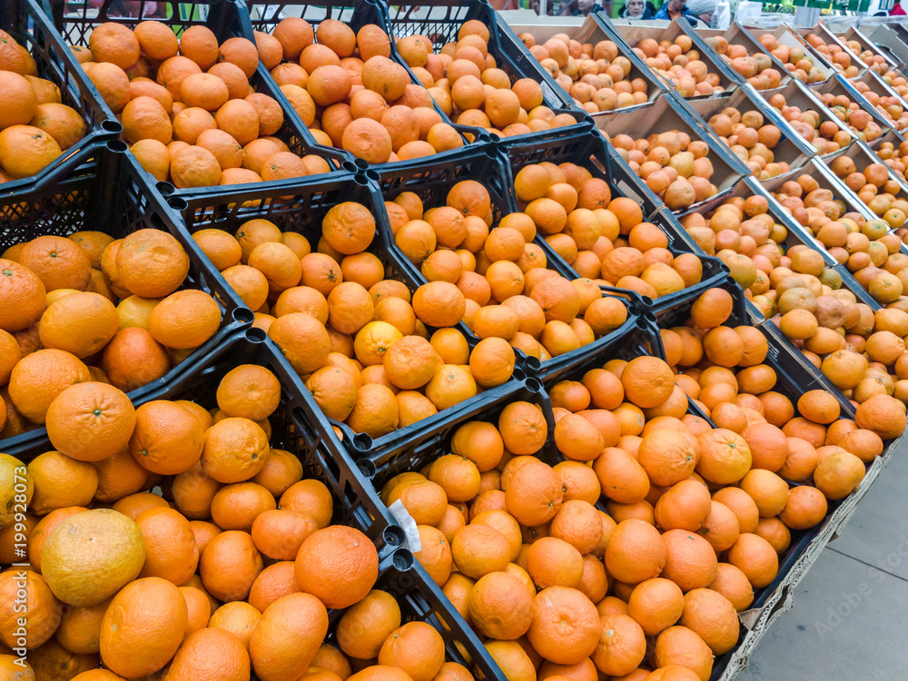 Fruit market with various colorful fresh fruits and vegetables