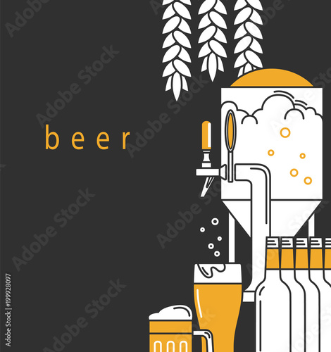 Beer mug, glass, beer tap, equipment for the brewery, wheat and hops. A brochure design template for a pub, restaurant, bar. Leaflet, advertising booklet, label. Vector illustration..