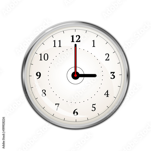 Realistic clock face showing 03-00 on white