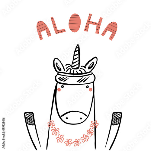 Hand drawn portrait of a cute funny unicorn in flower chain, visor, with text Aloha. Isolated objects on white background. Line drawing. Vector illustration. Design concept for children print.