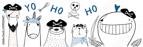 Hand drawn portrait of a cute funny pirate animals in tricorne hats, with eye patches. Isolated objects on white background. Line drawing. Vector illustration. Design concept for children print.