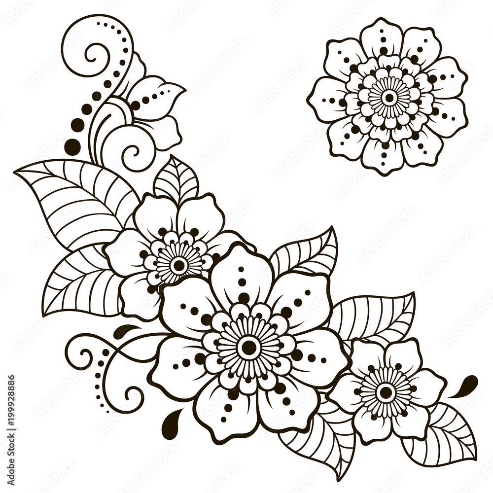 Fototapeta Henna tattoo flower template and border. Mehndi style. Set of ornamental patterns in the oriental style.
