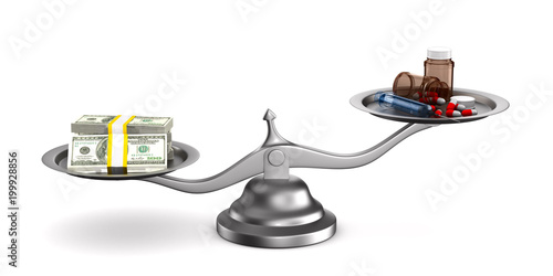 Medicines and money on scales. Isolated 3D illustration