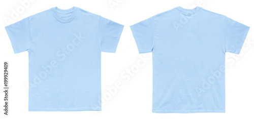 Blank T Shirt color light blue template front and back view on white background