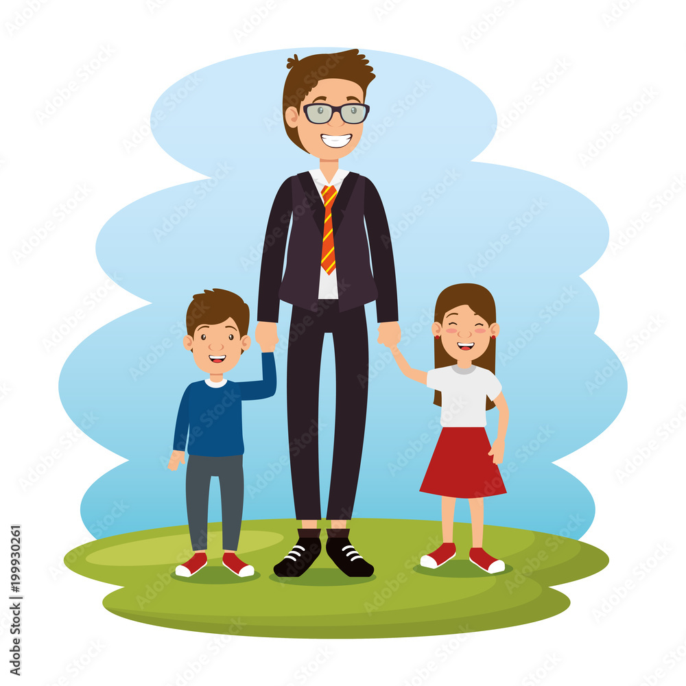 best father with daughter and son avatars vector illustration design