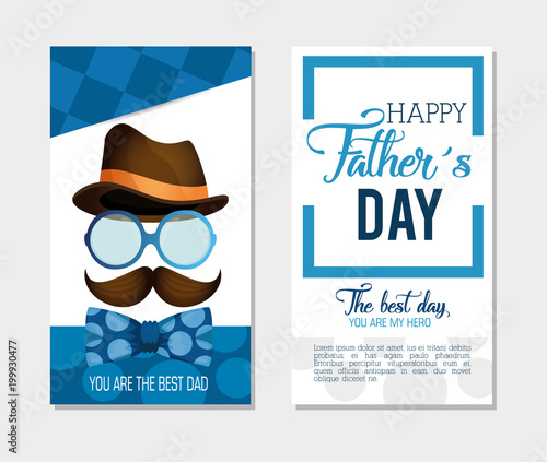 happy fathers day card with calligraphy and accessory vector illustration design