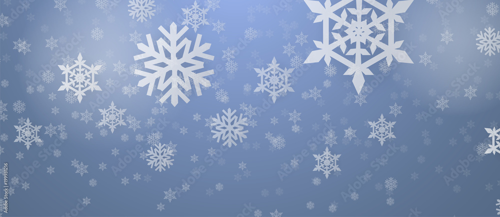 Christmas card with paper snow flake. Falling snowflakes on a dark blue winter background. Vector illustration. Merry Christmas, New Year design. EPS 10.