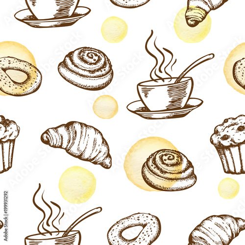 Pattern with coffee cup and croissant