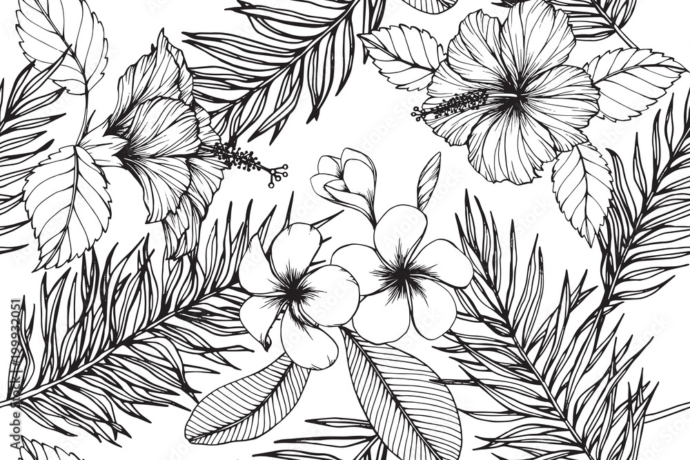Hawaiian pattern seamless background with flower and leaf  drawing illustration.  - obrazy, fototapety, plakaty 