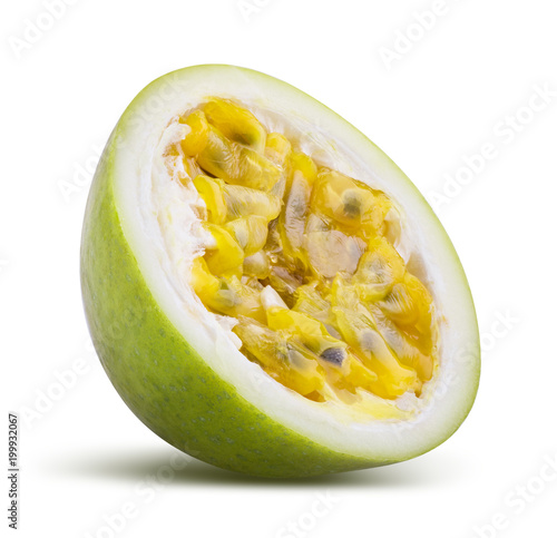 Green passion fruit, maracuya isolated on white background with shadow