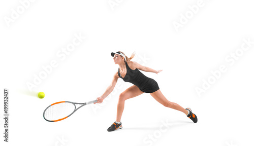 one young caucasian tennis woman isolated in silhouette on white background