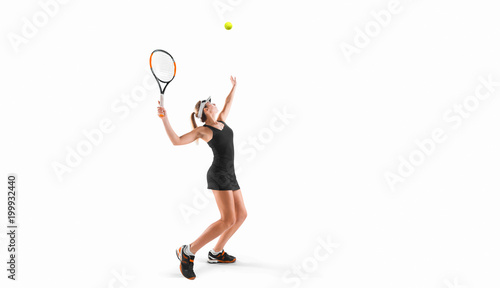 one young caucasian tennis woman isolated in silhouette on white background © VIAR PRO studio