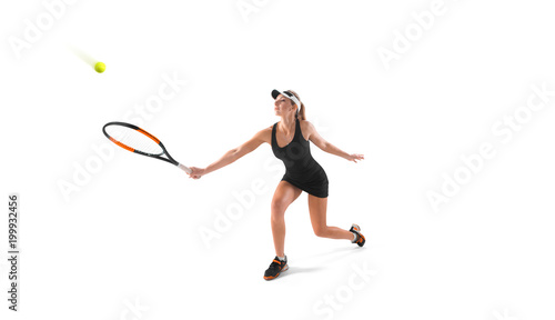 one young caucasian tennis woman isolated in silhouette on white background