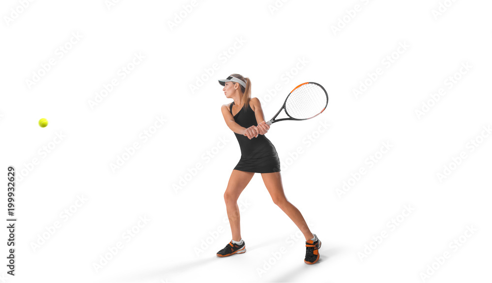 one young caucasian tennis woman isolated in silhouette on white background one young caucasian tennis woman isolated in silhouette on white background