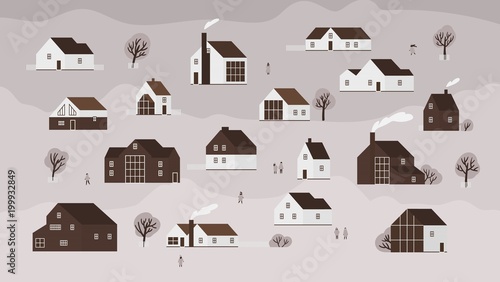 Banner with various country houses of modern Scandinavian architecture and walking people. Background with town buildings, suburb or village. Monochrome vector illustration in flat cartoon style.