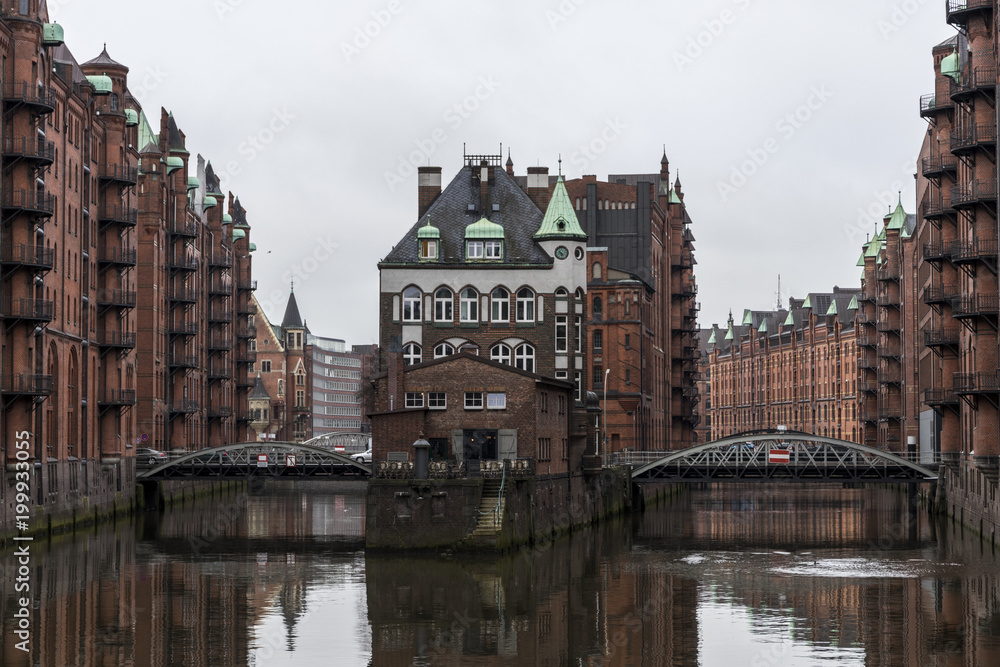 Hamburg, Germany. The Wasserschloss, a historical building in the Speicherstadt Warehouse District. A World Heritage Site since 2015