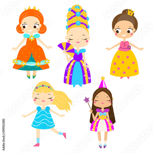 Cute princess set. Girls in queen dresses. Vector collection of cartoon fairy tales characters