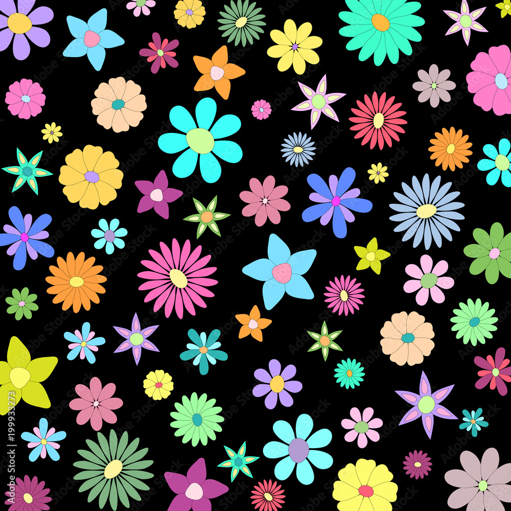 Beautiful pattern with colorfull flowers on a black background Beautiful pattern with colorfull flowers on a black background