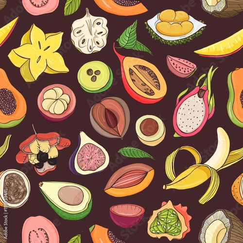 Bright colored seamless pattern with edible fresh juicy exotic tropical fruit...