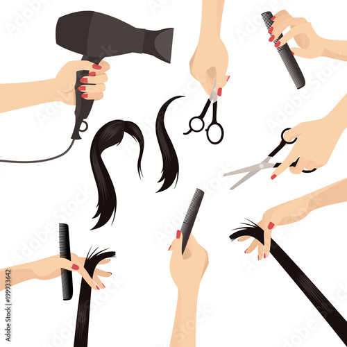 Vector Set of Beautiful Woman Hairdresser Hands in Beauty Salon with Accessories  Design Set Isolated on White