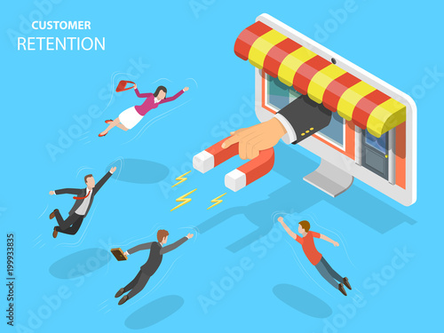 Online store customer retention flat isometric vector concept. Hand with magnet has appeared from the PC monitor attracting people from everywhere.