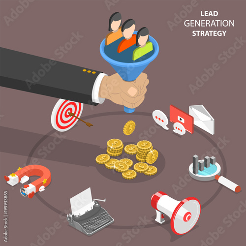 Lead generation strategy flat isometric vector concept. Marketing process of conversion rate optimization and generating business leads.