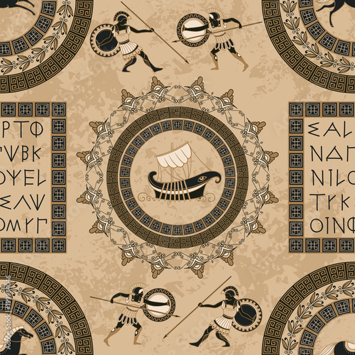 Seamless pattern with ancient greek letters, ships, horses, fighting people and ornament. Traditional ethnic background. Vintage vector illustration 