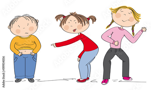 Children (two girls) bullying fat boy, sneering, offending him. Original hand drawn illustration of aggression towards other child.