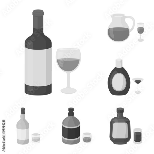 Types of alcohol monochrome icons in set collection for design. Alcohol in bottles vector symbol stock web illustration.