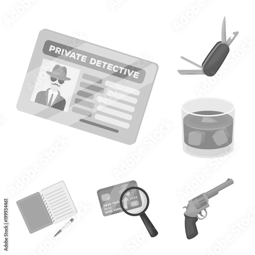 Detective and Attributes monochrome icons in set collection for design.Detective Agency vector symbol stock web illustration.