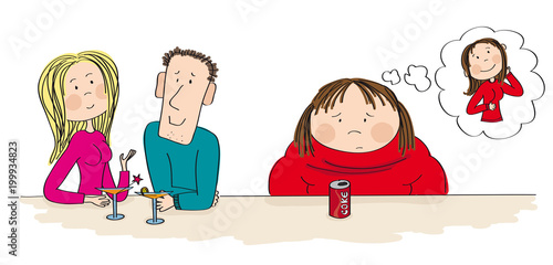 Young dating couple sitting in the bar, drinking cocktail. Fat woman sitting next to them with coke in front of her, feeling sad and alone, dreaming about slim figure. Original hand drawn illustration
