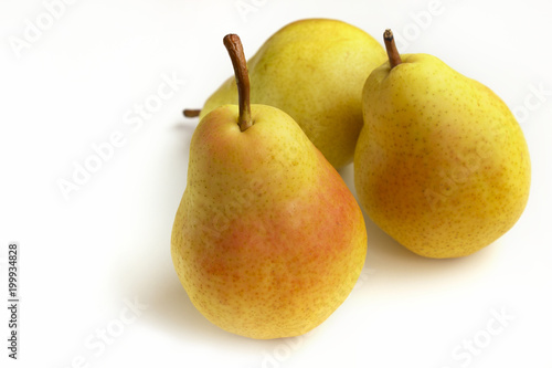 Three ripe pears on a white background