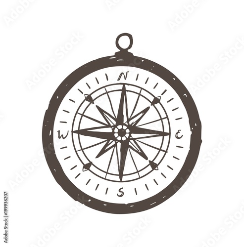 Magnetic compass hand drawn with black contour lines on white background