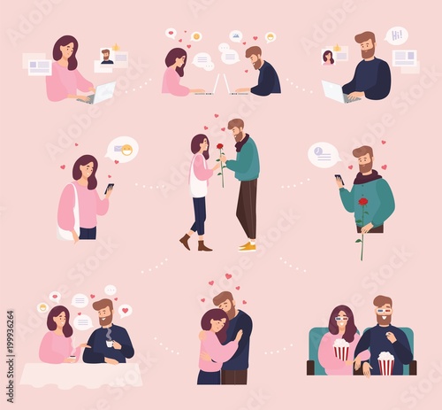 Collection of man and woman using website or mobile application for dating or searching for romantic partner on internet. Cute couple that met online. Flat cartoon colorful vector illustration.