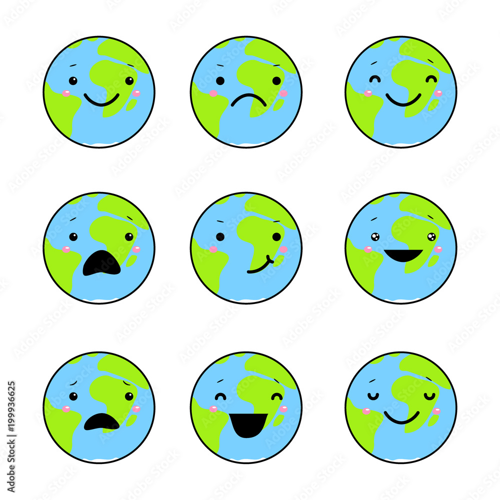 Fototapeta premium Set of emotions of the earth.Isolated on white background. Vector illusrtation