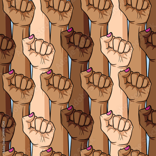 Vector seamless pattern of woman's fist different nationalities and skin color. Girl's power