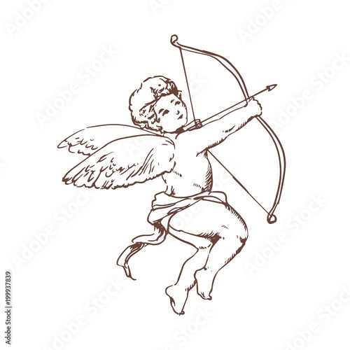 Drawing of adorable Cupid with bow aiming or shooting arrow isolated on white background