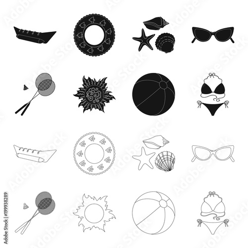 A game of badminton, a ball and the sun.Summer vacation set collection icons in black,outline style vector symbol stock illustration web.
