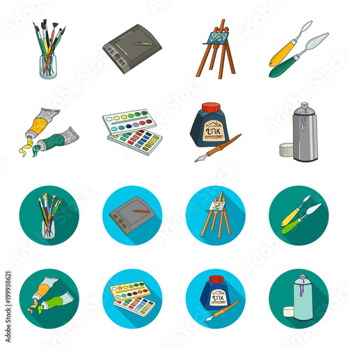 Balonchik paints, tubes with paint, watercolor in a box, ink in a bottle and a pen.Artist and drawing set collection icons in cartoon,flat style vector symbol stock illustration web.