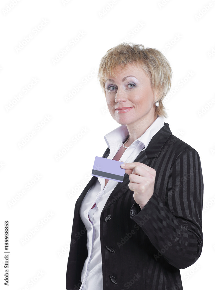 successful business woman showing credit card .isolated on white successful business woman showing credit card .isolated on white
