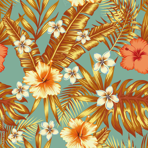 Jungle flowers and leaves vintage background