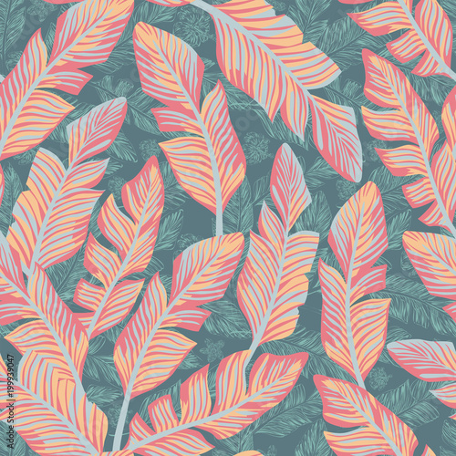 Tropical banana leaves abstract pastel color seamless pattern
