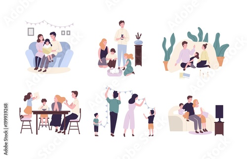 Family members spending time together at home. Mother, father and children reading book, decorating house, watching TV. Cute cartoon characters isolated on white background. Flat vector illustration.