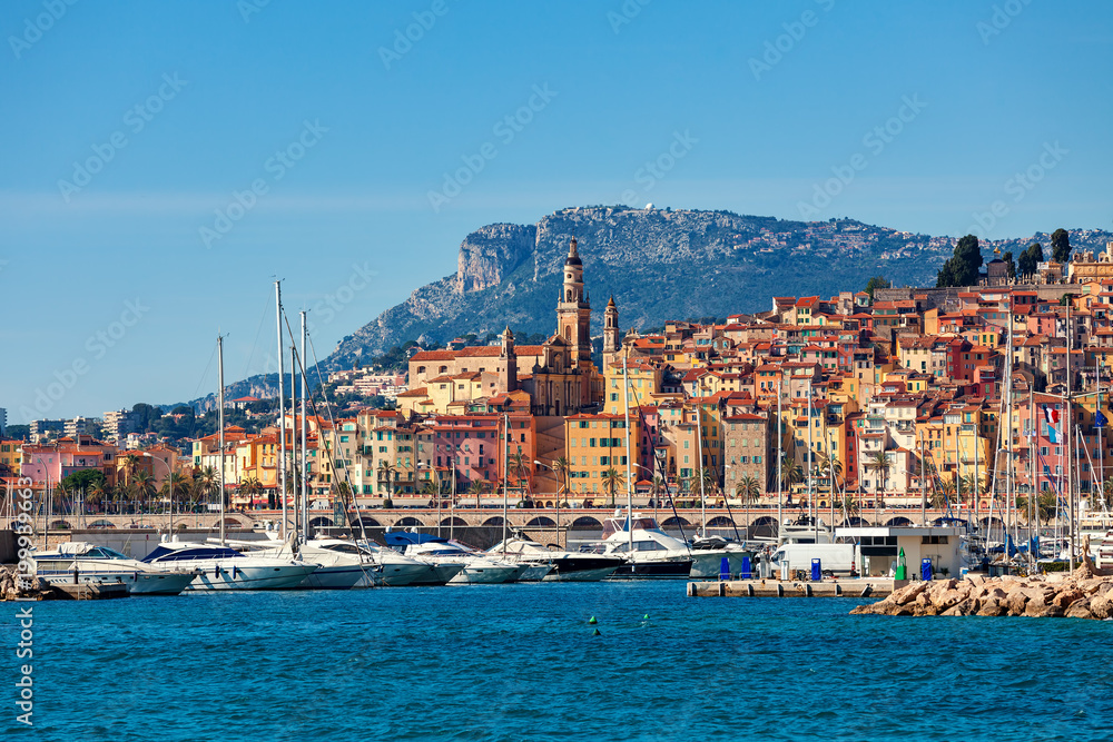 Old town of Menton as seen from the sea.