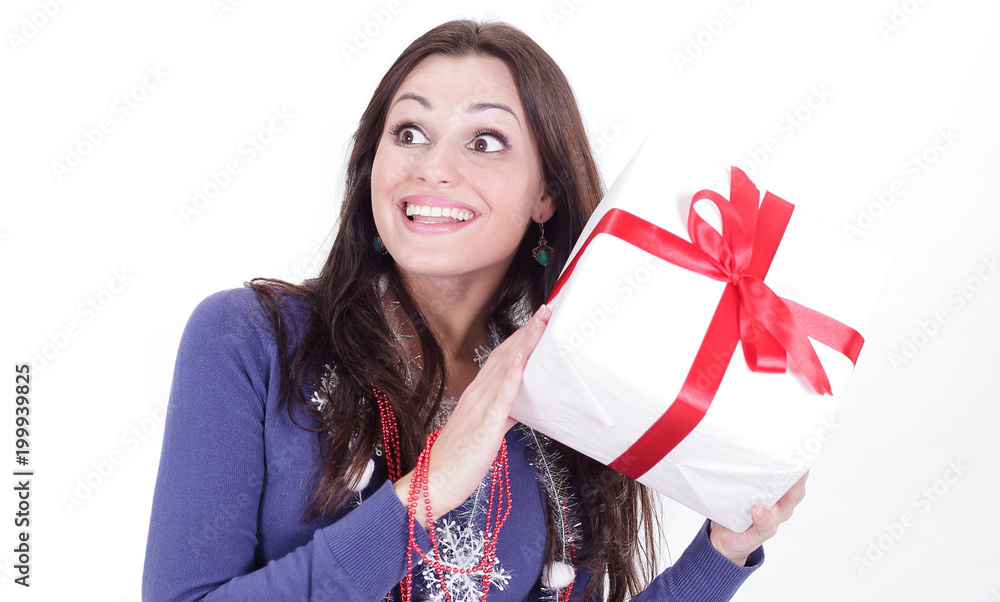 happy young woman with a great gift .isolated on a white happy young woman with a great gift .isolated on a white