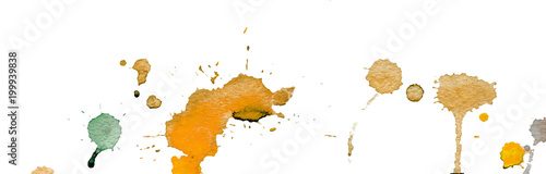 Orange watercolor splashes and blots on white background. Ink painting. Hand drawn illustration. Abstract watercolor artwork. 