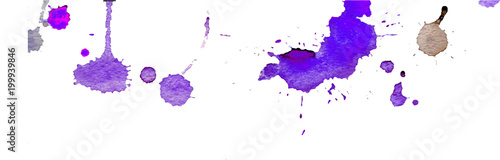 Purple blue watercolor splashes and blots on white background. Ink painting. Hand drawn illustration. Abstract watercolor artwork. 