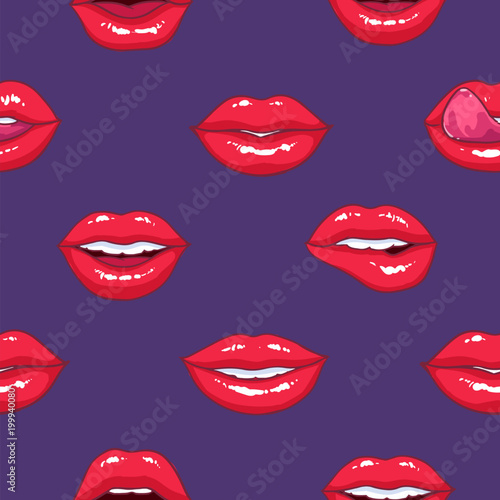 Seamless pattern with puffy female lips on purple background, symbol of love and passion