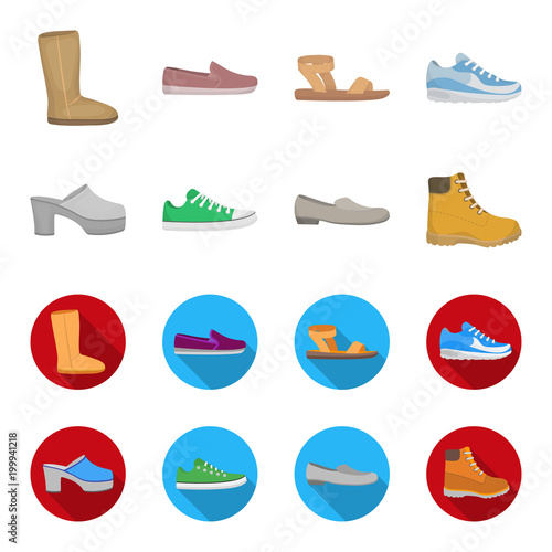 Flip-flops, clogs on a high platform and heel, green sneakers with laces, female gray ballet flats, red shoes on the tractor sole. Shoes set collection icons in cartoon,flat style vector symbol stock