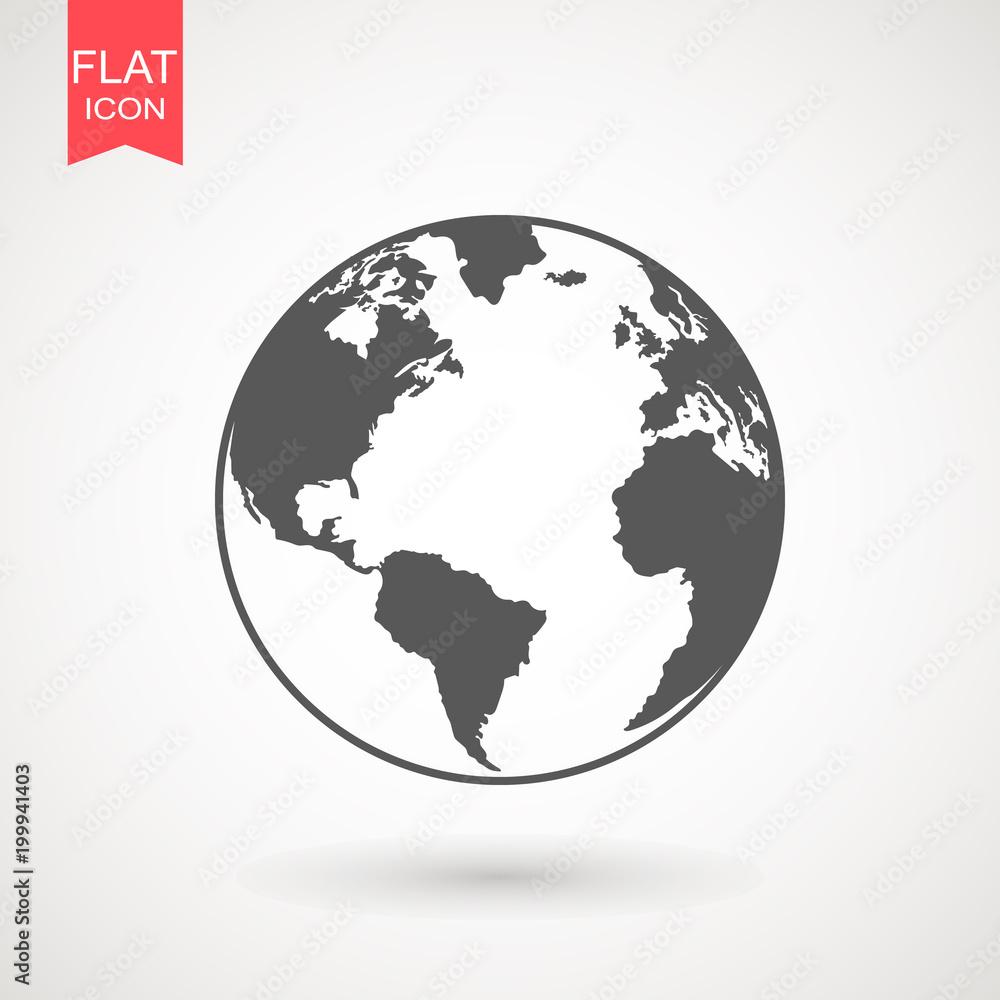 Earth planet world globe map icon. Flat illustration of continent on planet icon isolated on white background. Flat planet Earth icon. Vector illustration. Earth planet world globe map icon. Flat illustration of continent on planet icon isolated on white background. Flat planet Earth icon. Vector illustration.